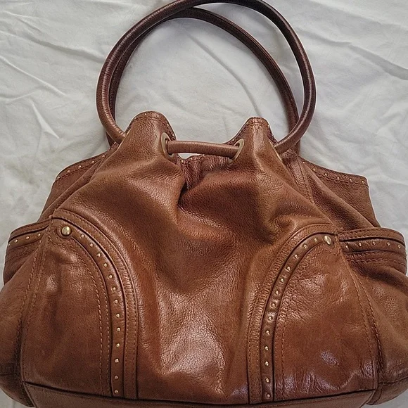 Cole Haan Dillan Ruched Cognac Brown Studded Satchel Bag Y2K Messy Fabulous - Picture 1 of 16